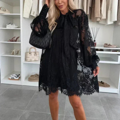 🔥Hot sale🔥- Lace Mini Dress with Bow Tie Neck👗