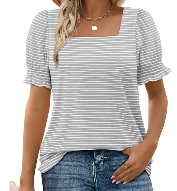 🔥Hot sale🔥- Women's Square Neck Smocked Sleeve T-Shirt Casual Top