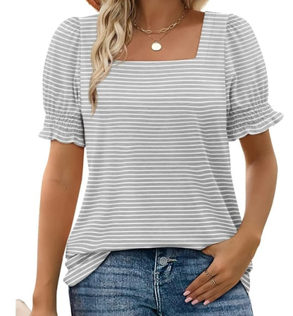 🔥Hot sale🔥- Women's Square Neck Smocked Sleeve T-Shirt Casual Top
