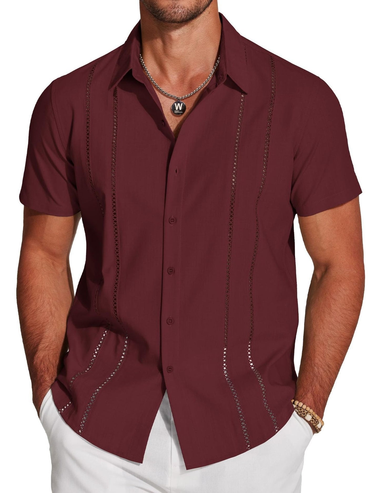 🔥Hot sale🔥- Men's Cuba Guayabera Exquisite Hollow Embroidered Button Front Shirt