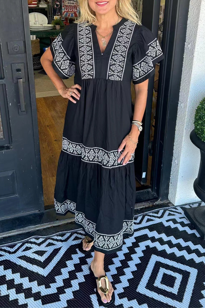 🔥Hot sale🔥- Geometric print patchwork V-neck A-line short-sleeved dress