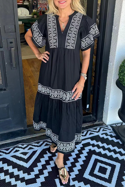 🔥Hot sale🔥- Geometric print patchwork V-neck A-line short-sleeved dress