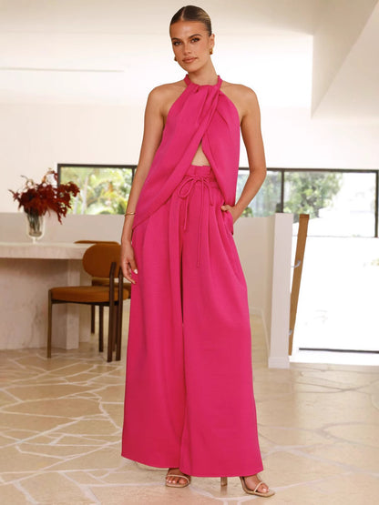 🔥Hot sale🔥- 50% off - Hanging neck slit top and wide-leg pants set