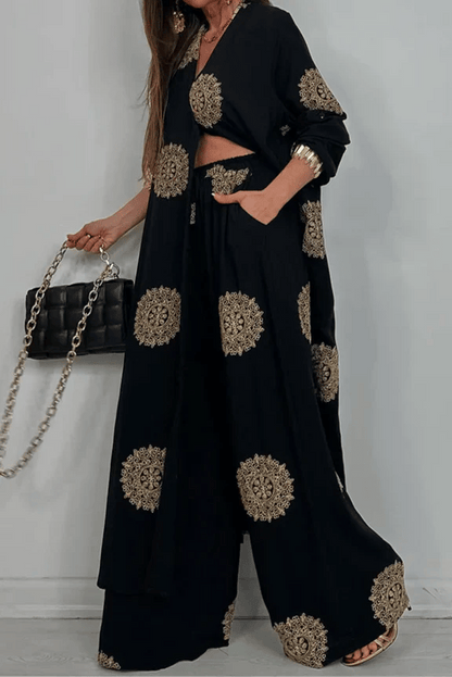 🔥Hot sale🔥- V-neck Long Coat & Printed Wide-leg Pants Two-piece Set | Almost Gone⚡